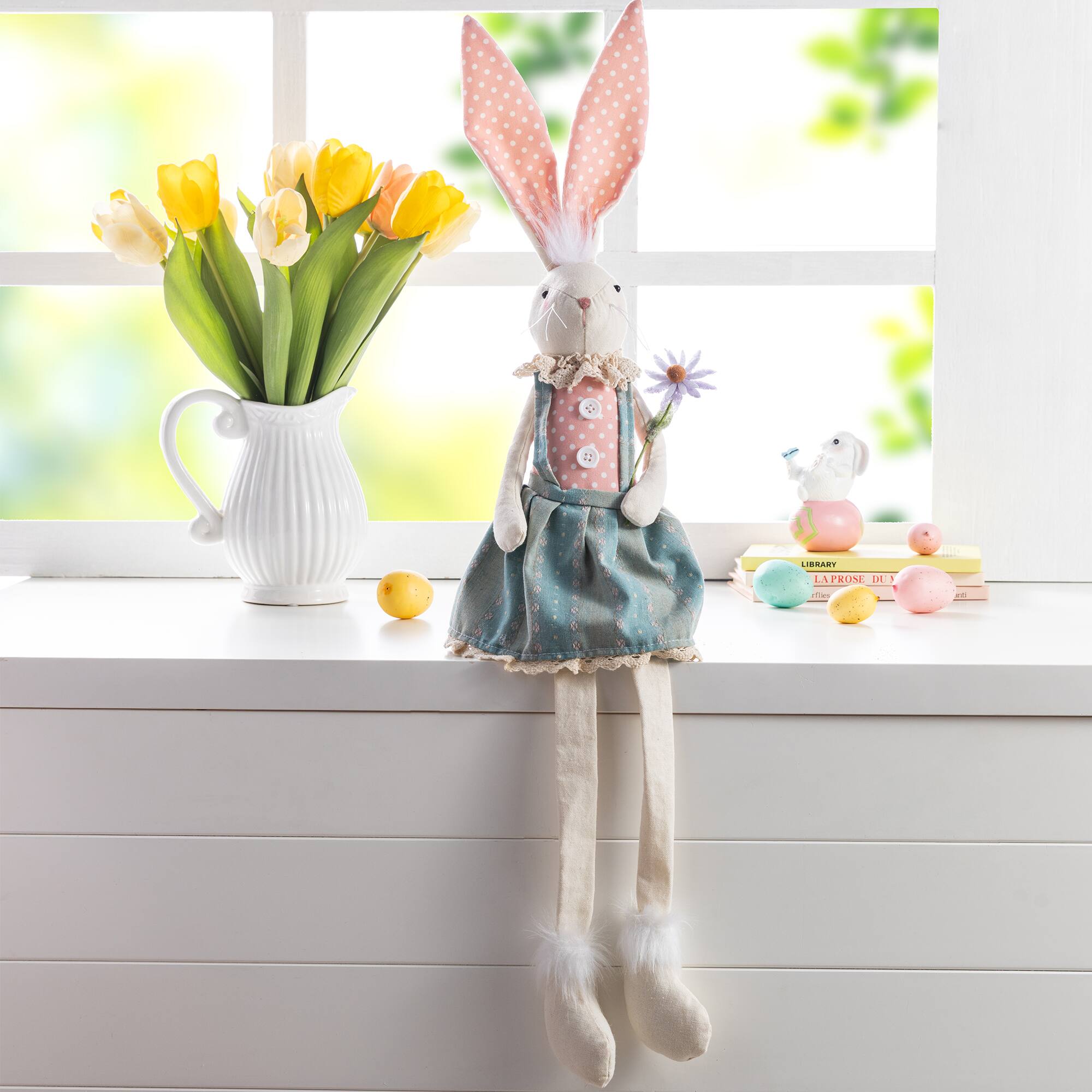 Glitzhome® 29.5" Easter Fabric Girl Bunny with Dangling Legs Figurine